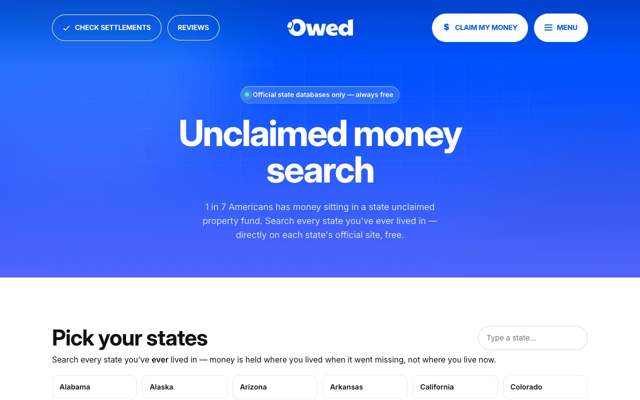 Owed's unclaimed money search page