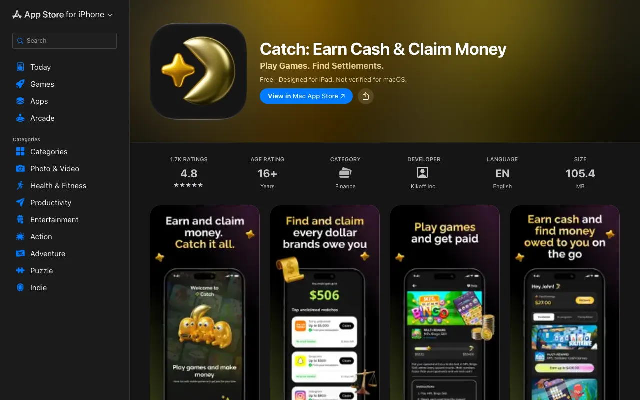 Catch App Store listing: free, 4.8 stars from 1.7K ratings, Finance category, developer Kikoff Inc.
