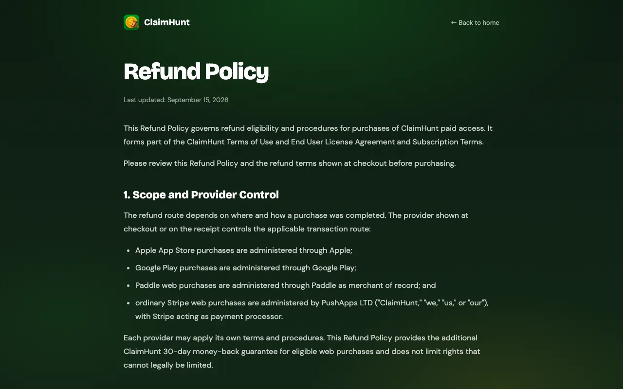 ClaimHunt refund policy page describing a 30-day money-back guarantee for eligible web purchases