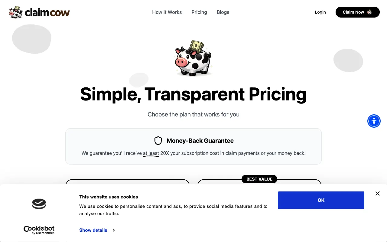 Claim Cow pricing page headed Simple, Transparent Pricing, with a Money-Back Guarantee promising at least 20X the subscription cost in claim payments