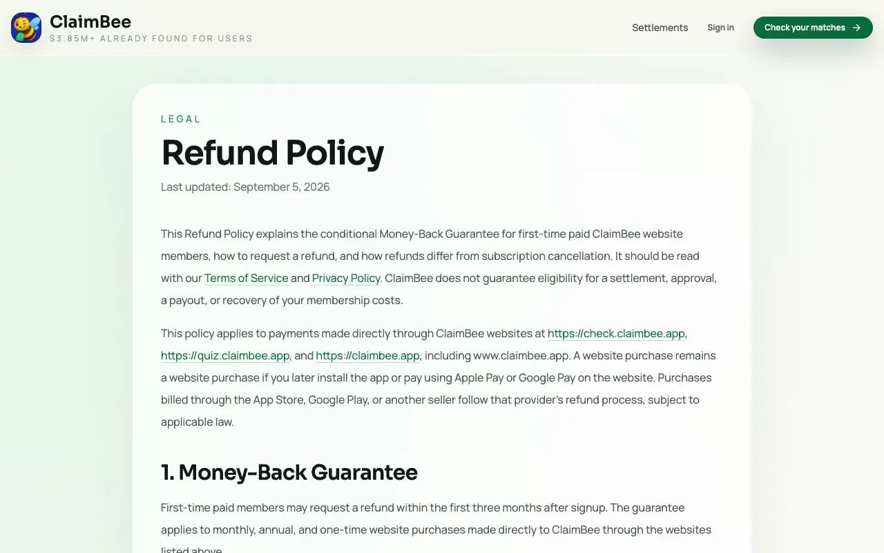 ClaimBee Refund Policy page, last updated September 5, 2026, describing a conditional money-back guarantee for first-time website members