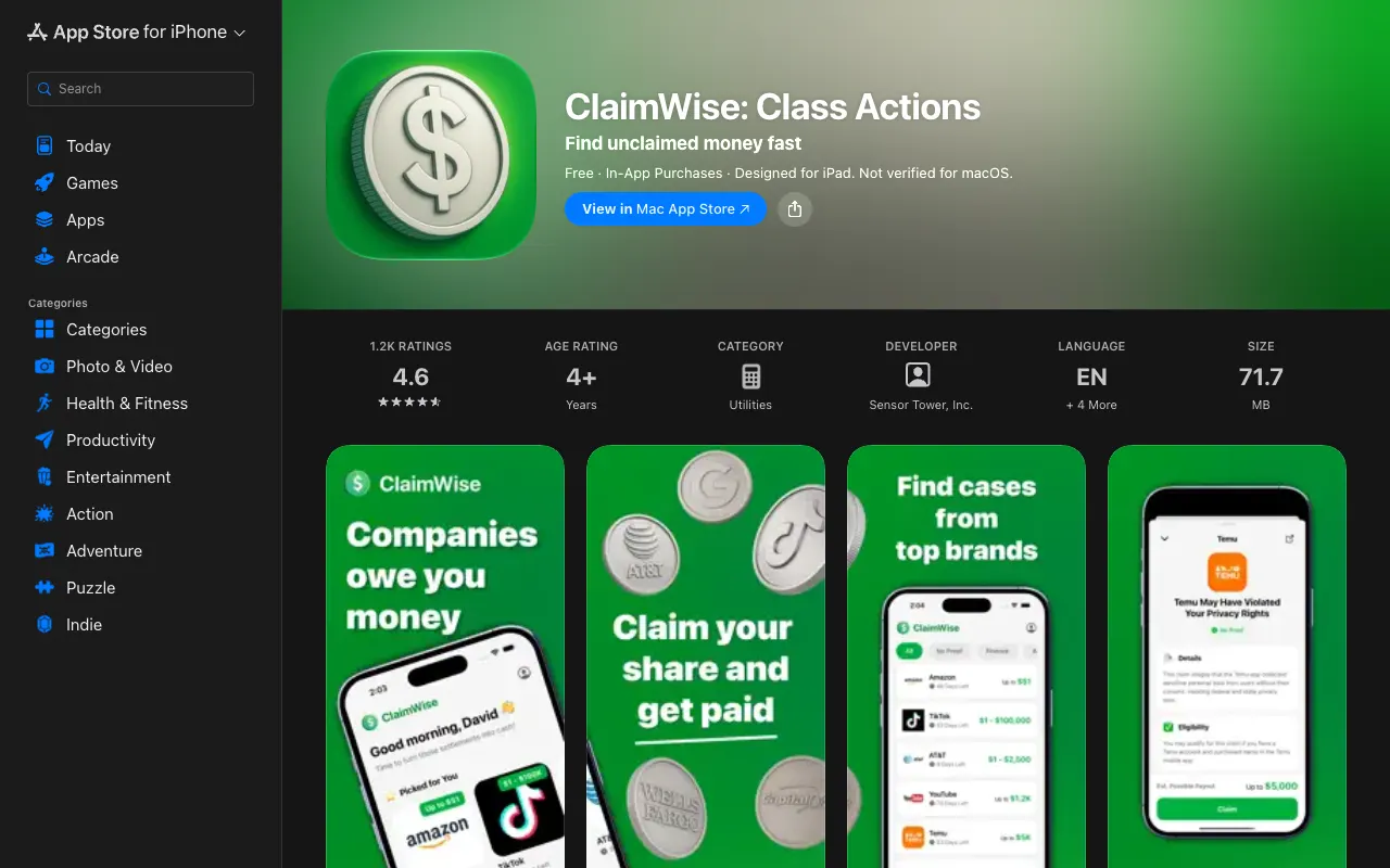 ClaimWise App Store listing showing Free with In-App Purchases, a 4.6 rating from 1.2K ratings and developer Sensor Tower, Inc.