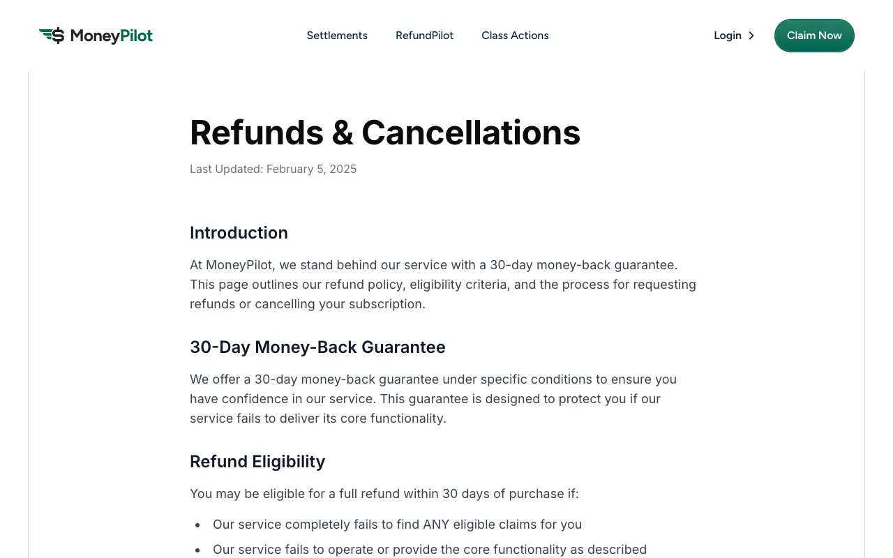 MoneyPilot refunds and cancellations page describing a 30-day money-back guarantee under specific conditions
