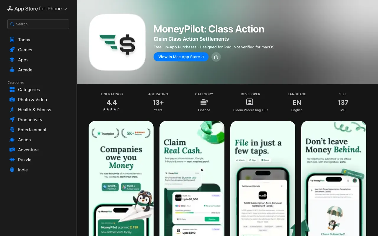 MoneyPilot: Class Action App Store listing showing a 4.4 rating from 1.7K ratings and developer Bloom Processing LLC