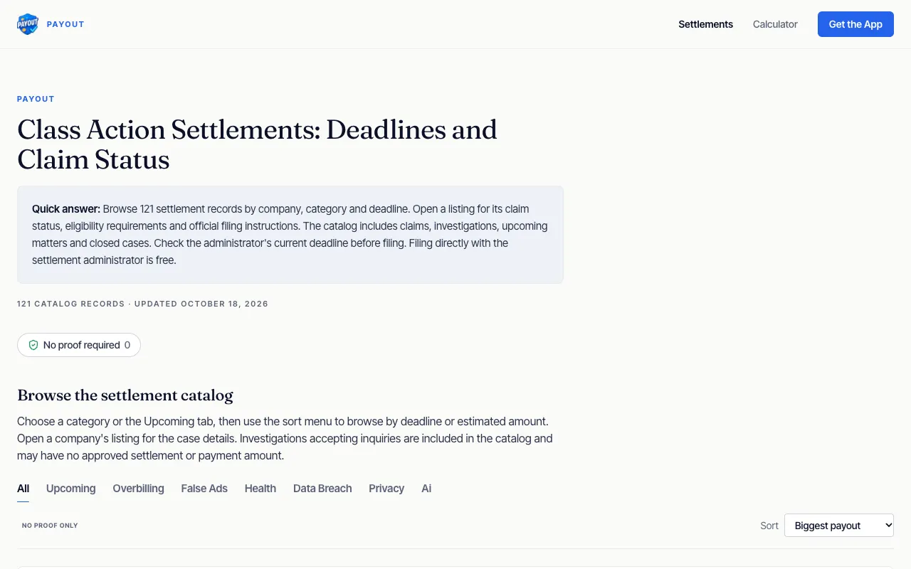 Payout settlements catalog page with 121 records and a note that filing directly with the settlement administrator is free