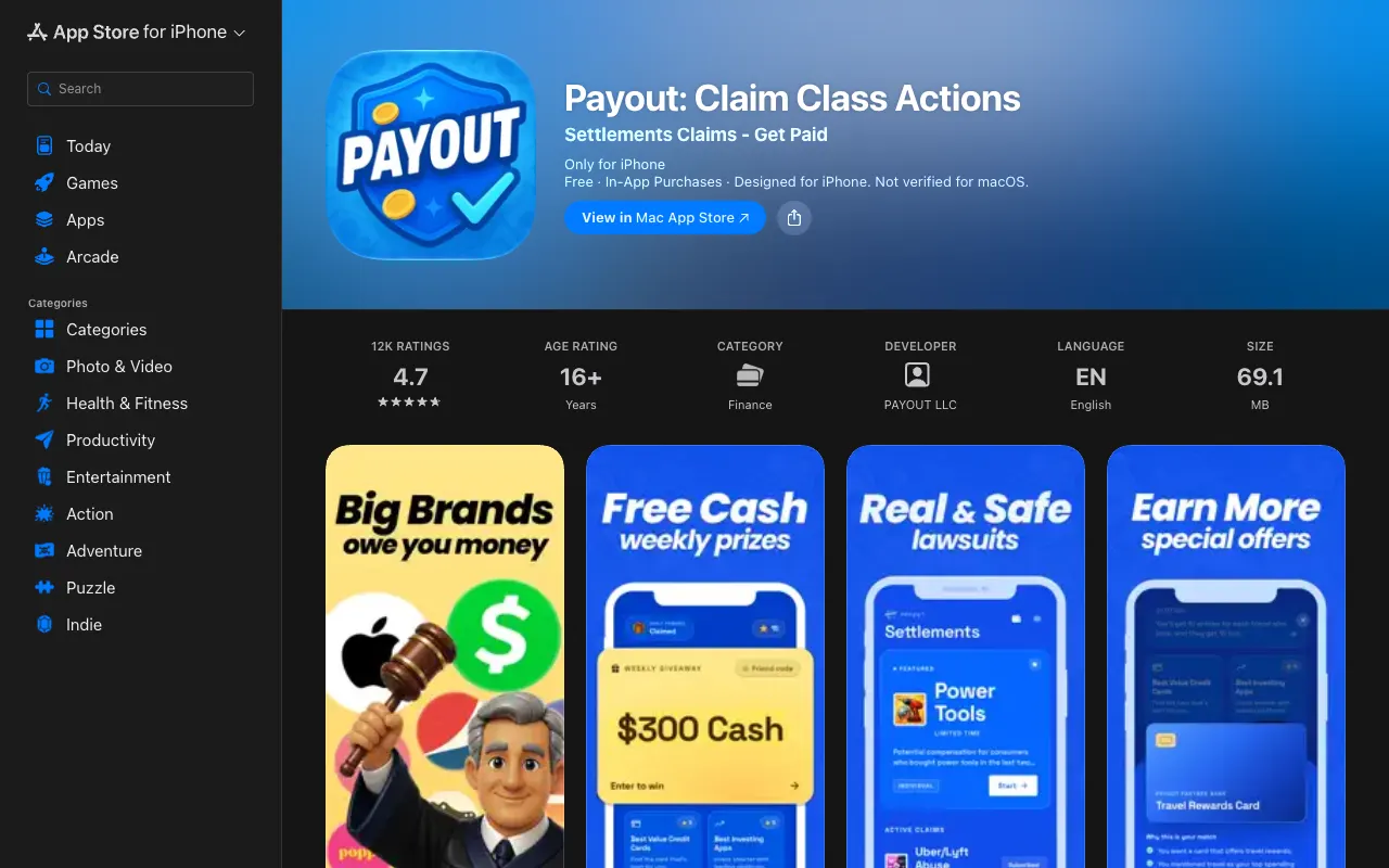 Payout: Claim Class Actions App Store listing labeled Free with In-App Purchases, rated 4.7 from 12K ratings